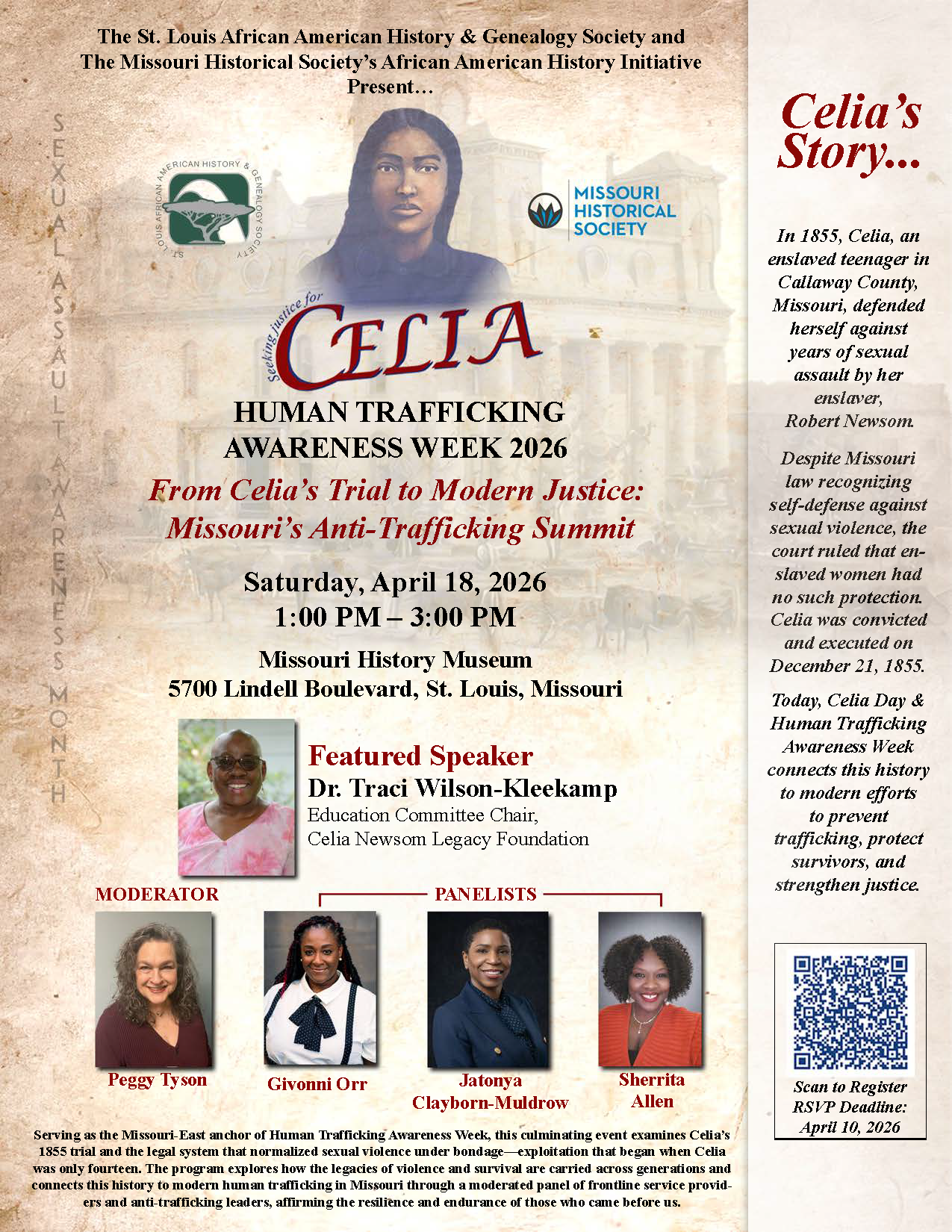 Flyer advertising Presentation of Celia the slave for human trafficking awareness week on Saturday April 18, 2026 at 1pm at the Missouri History Museum.